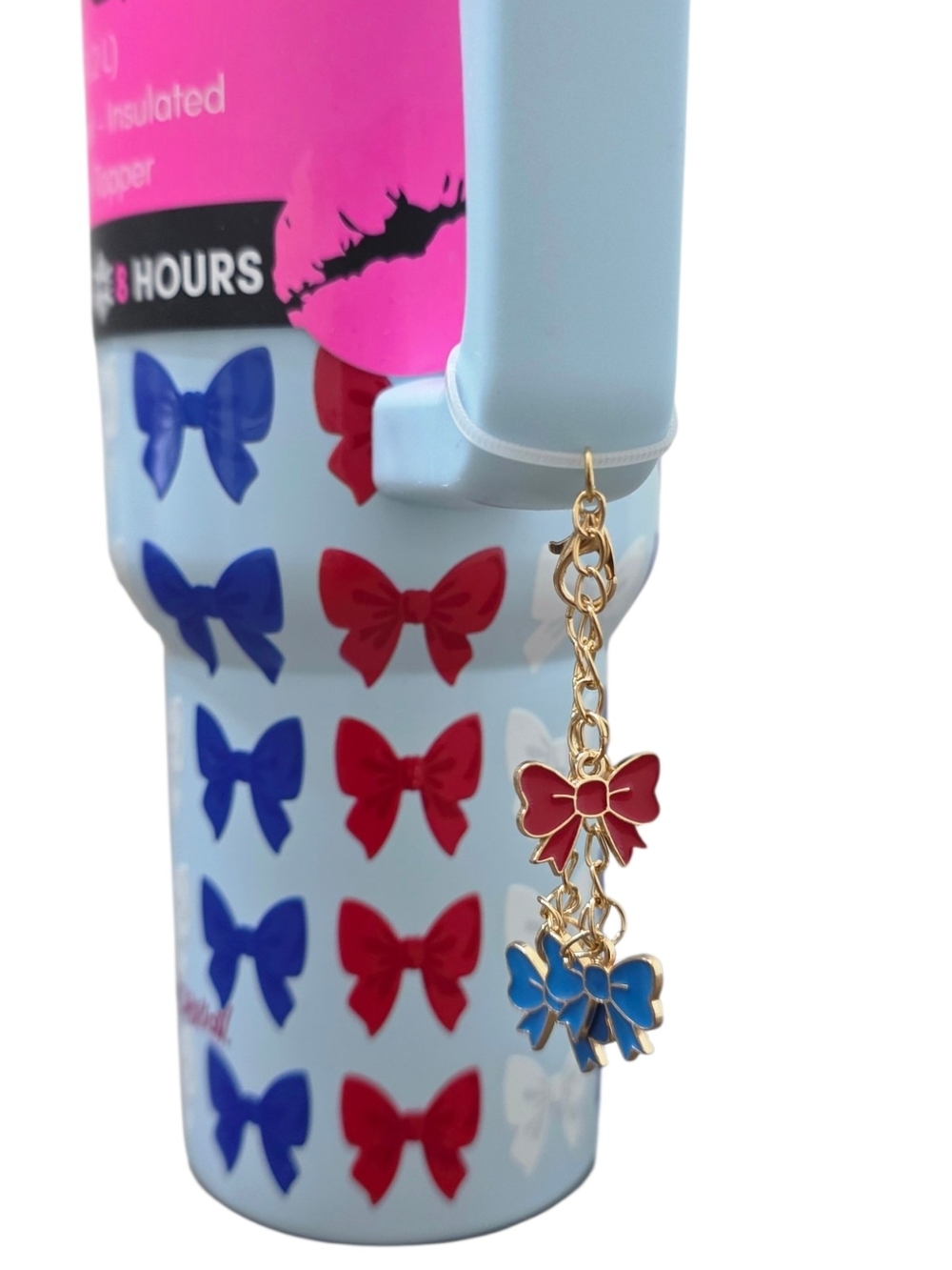 Betsey Johnson 40oz Stainless Steel Insulated Tumbler Bow Print Red White Blue - Picture 8 of 8